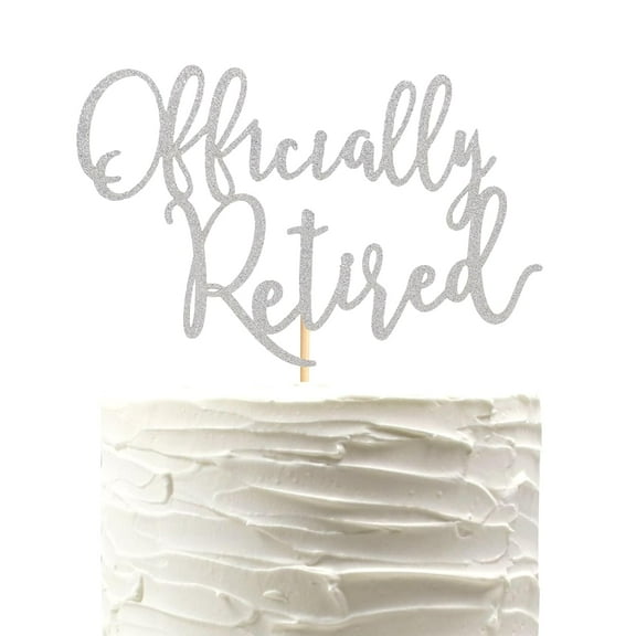 Officially Retired Cake Topper, Happy Retirement Cake Decorations, Plam Tree Beach Chair Retirement Party Decoration Supplies for Women or Men - Silver Glitter