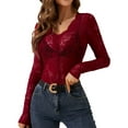 thumbnail image 2 of Lace Mesh Top for Women Long Sleeve V-Neck Sheer Blouse See Through Floral Lace Tops Red S, 2 of 7