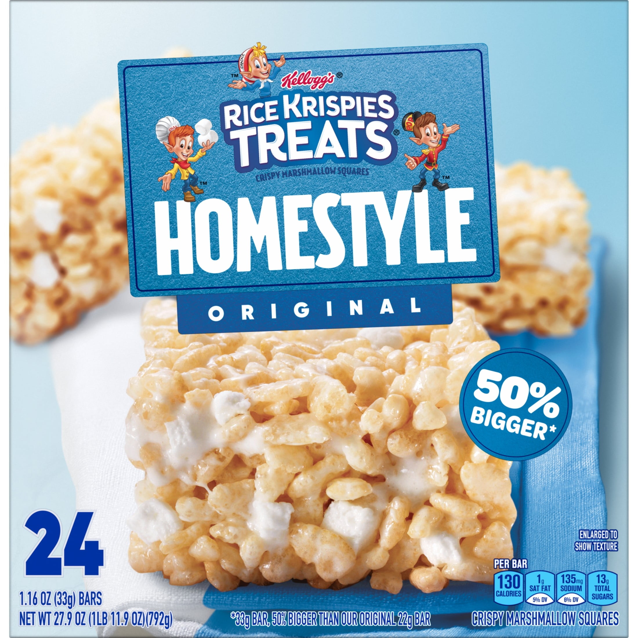 (4 pack) Rice Krispies Treats Homestyle Original Chewy Crispy Marshmallow Squares, Kids Snacks, 27.9 oz, 24 Count
