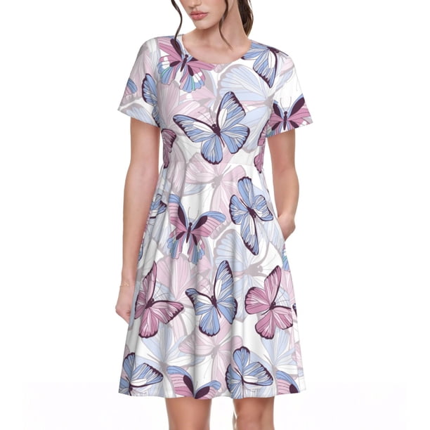 Easygdp Butterflies in Pastel para Vestido Transpirable de Mujer, Vestido Suelto de Manga Corta con Pliegues y Bolsillos para el Verano