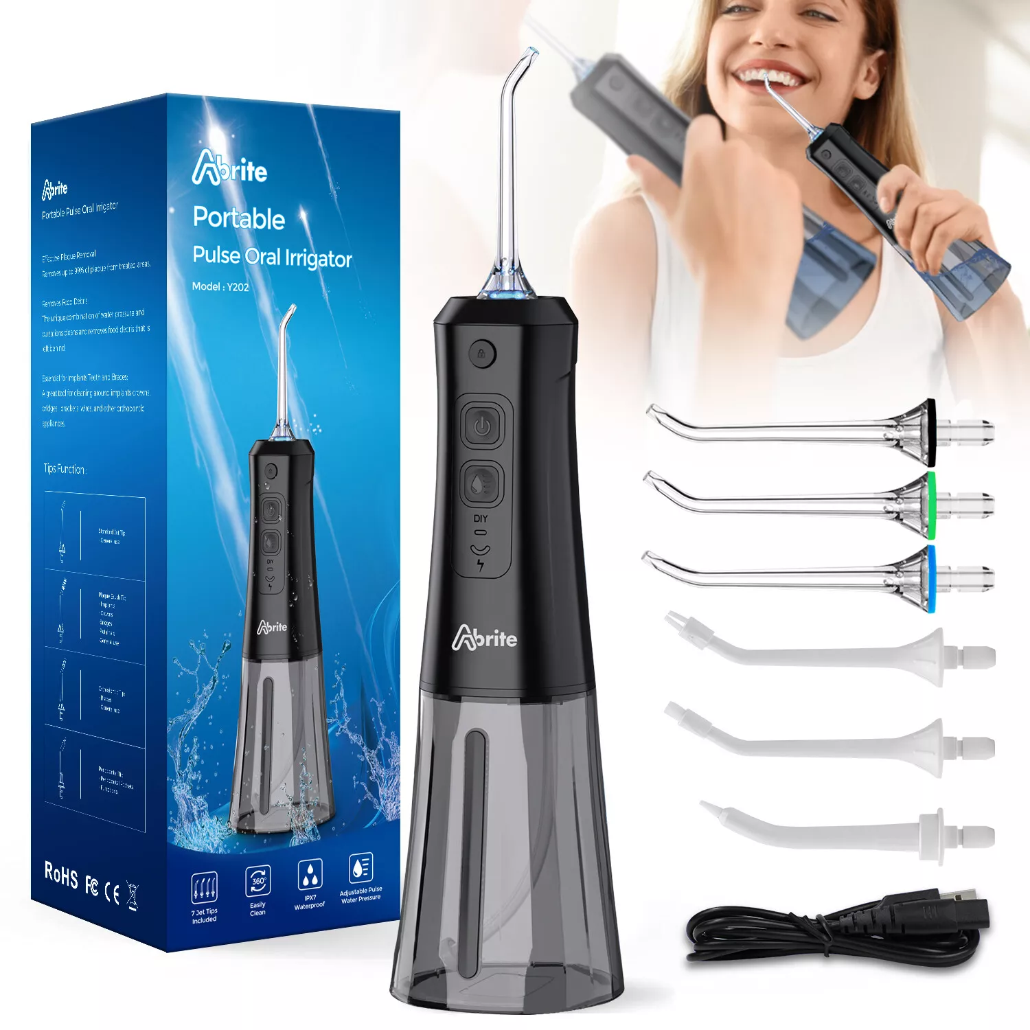 Abrite Cordless Water Flosser for Teeth Braces, Hygiene, DIY Speed 250ml Portable Oral Irrigator Dental Cleaner 7 Water Jet Tips, Black