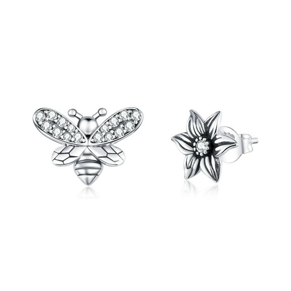 Bellitia Jewelry 925 Sterling Silver Butterfly Flower Asymmetric Stud Earrings for Women, Fashion Cubic Zirconia Woman Jewelry Set Earring Gift