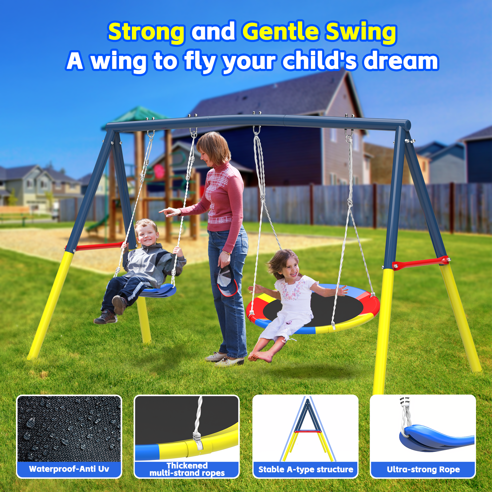Mersco 10FT Heavy Duty Trampoline with Enclosure Net ,Swing Set Outdoor Big Trampoline for Backyard, Kids Trampoline with Basketball Hoop,Kids Birthday and Festival Gifts,Blue