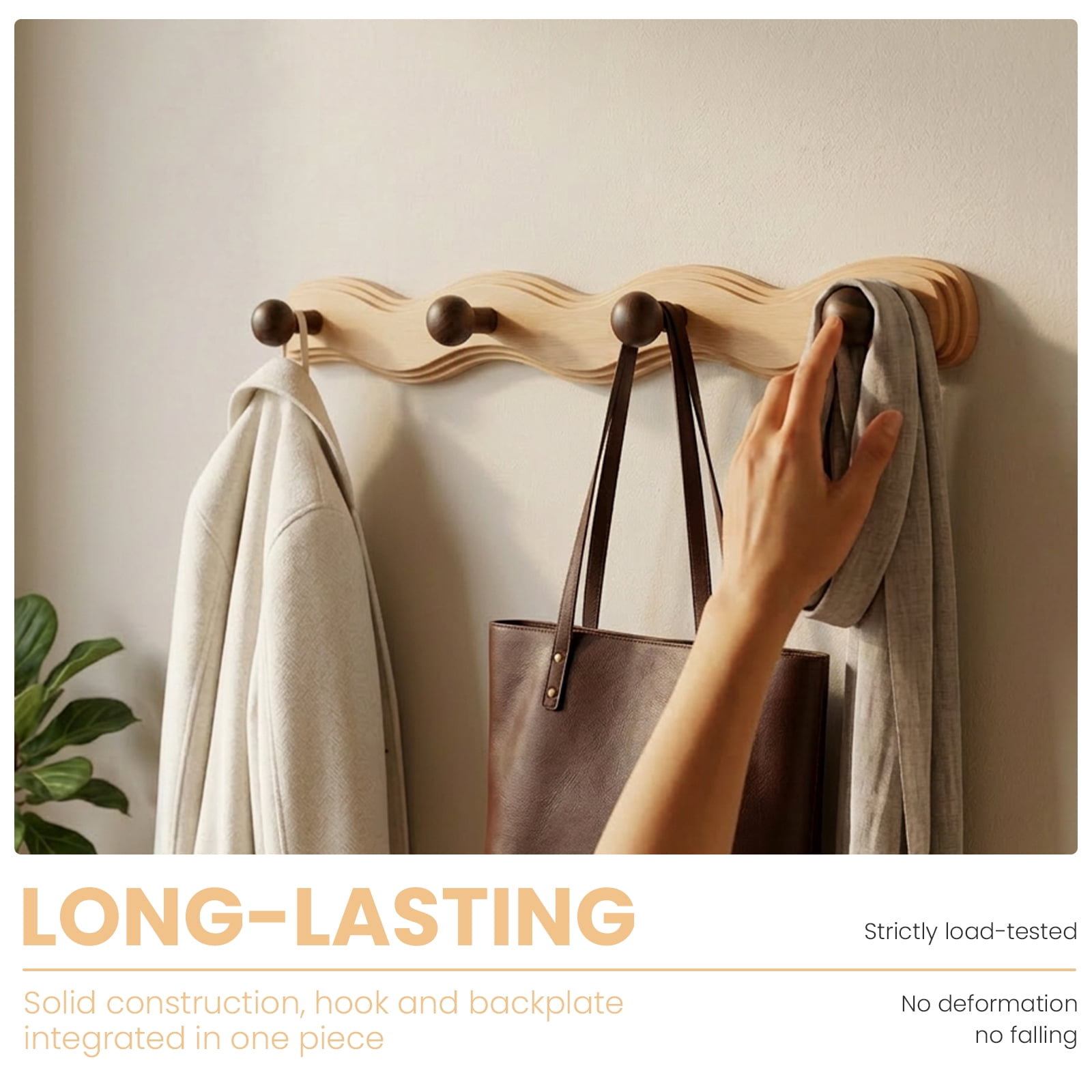 Wood Wall Mounted Coat Rack with 6 Hooks Wooden Hangers Wall Hook for Entryway Bathroom Bedroom Kitchen for Hanging Clothes Keys Robes Purse Towels Bags