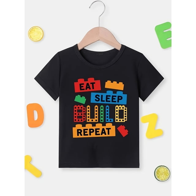 Boys' Summer Cartoon Building Blocks Alphabet Print Casual Crew Neck T-Shirt, 100% Cotton Knit Fabric, Regular Fit Top for Children - Spring/Summer/Fall
