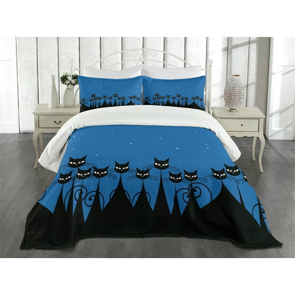Ambesonne Night Quilted Bedspread Set 3 Pcs, Black Cats Starry Sky, King Size, Blue Black White