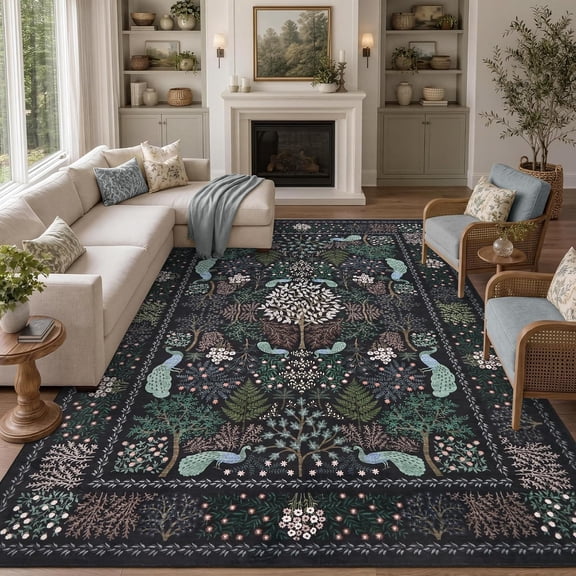 9x12 Ft Washable Area Rug for Living Room Non Slip Low Pile Farmhouse Peacock Animal Print Dark Blue