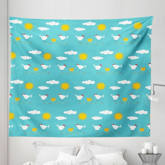 Cartoon Tapestry, Happy Funny Farm Morning Theme with Clouds Sun Rooster Get up, Fabric Wall Hanging Decor for Bedroom Living Room Dorm, 5 Sizes, Aqua Orange White, by Ambesonne