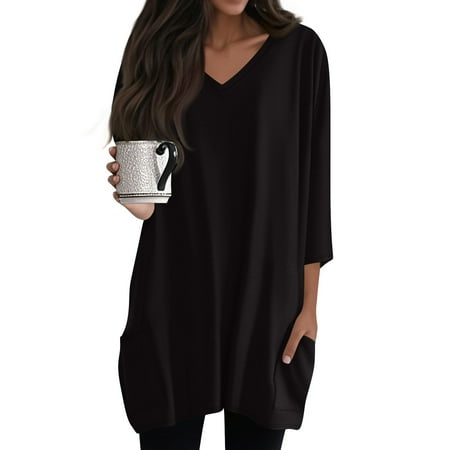 Corset Tops For Women  3/4 Sleeve Casual Tshirt V Neck Loose Fit Tops With Pockets Ladies And Blouses Bell Tops Women Western Shirts Trendy Plus Size Tank Tops Workout (XXL  Black) ZMTing