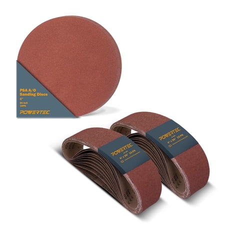 POWERTEC Aluminum Oxide Sanding Disc and Belt 30PK Set | 6 Inch 80 Grit PSA Sanding Discs with 4 x 36 Inch 80/120 Grit Sanding Belts for Belt and Disc Sander, 10 of Each, 110291