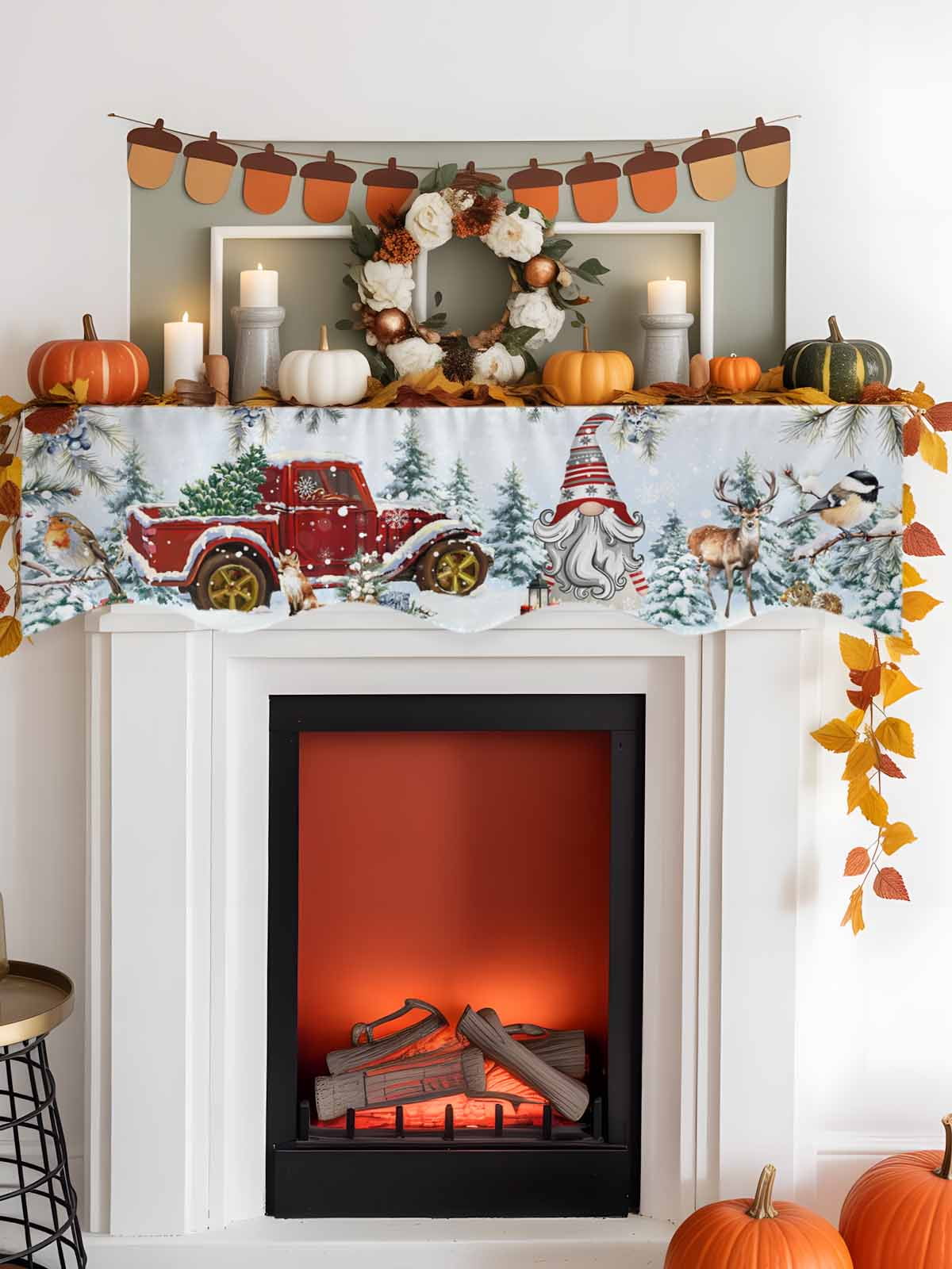 Christmas Fireplace Mantle Scarf Xmas Gnome Truck Pine Tree Leaf Animals Blue Snow Mantel Cover Runner Fireplace Cloth for Holiday Party Home Living Room Decor 70 x 17 Inch