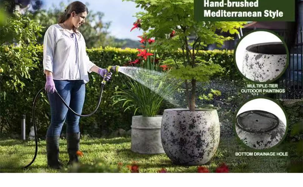 Craft flowerpots 18"+13"+19" Dia Round Concrete Planter Set of 3 Large Outdoor/Indoor Planter Pots Containers with Drainage Holes and Rubber Plug for Home Garden (White, Large)