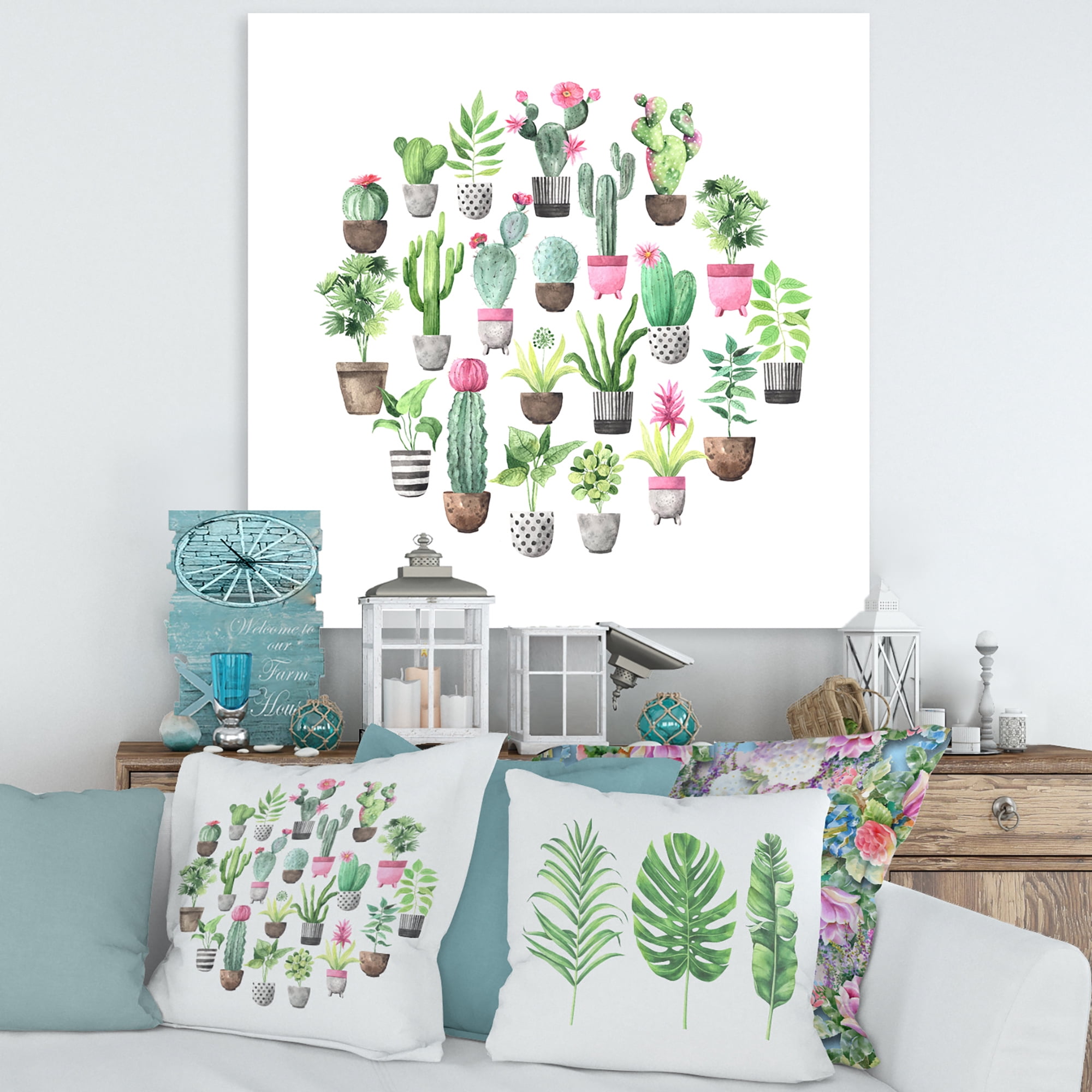 Cactus In Ceramic Pots In Gentle Tones II 16 in x 16 in Painting Canvas Art Print, by Designart