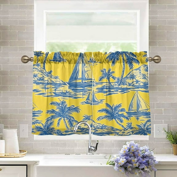BZSMCE Set of 2 Pieces Kitchen Window Curtain Fashion Nautical Daydreams in Blue and Yellow Printed 27x24in/27x36in