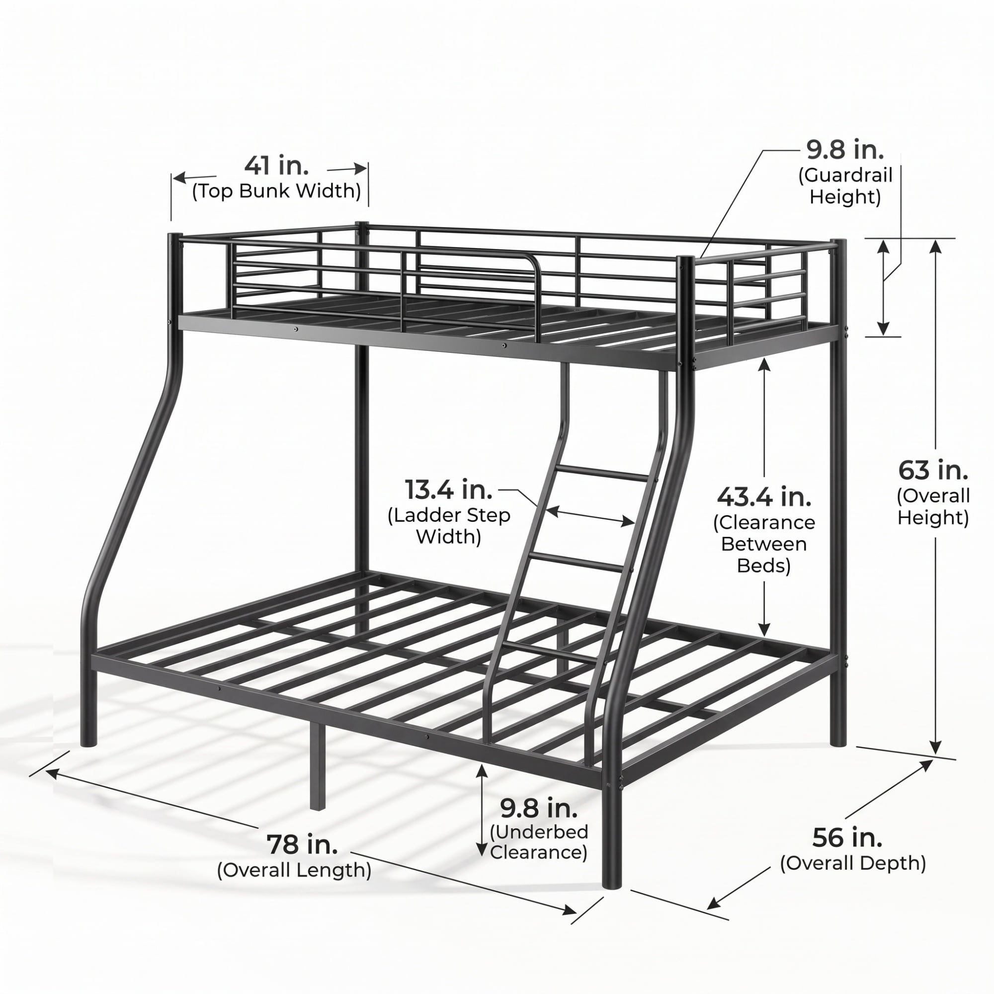 GARITIN Twin Over Full Bunk Bed and Sturdy Metal Bed Frame, Space Saving Bunk Bed with Safety Guardrails and Ladder for Teens Adults Kids and Shared Rooms, No Box Spring Needed, Black