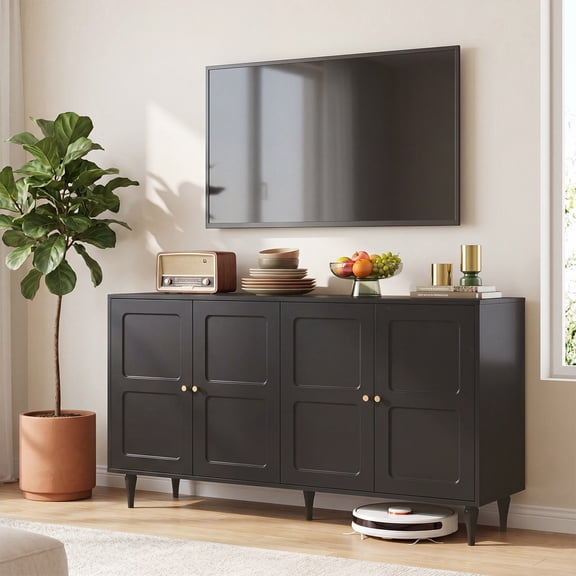 Homhum Wood Sideboard Buffet Cabinet with 4 Doors, Fluted Storage Cabinet, Black