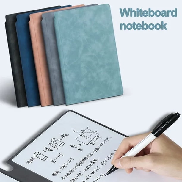 Cuaderno de cuero reutilizable con páginas de pizarra blanca, 3 bolígrafos, trapo para limpiar y goma de borrar para ideas interminables en movimiento