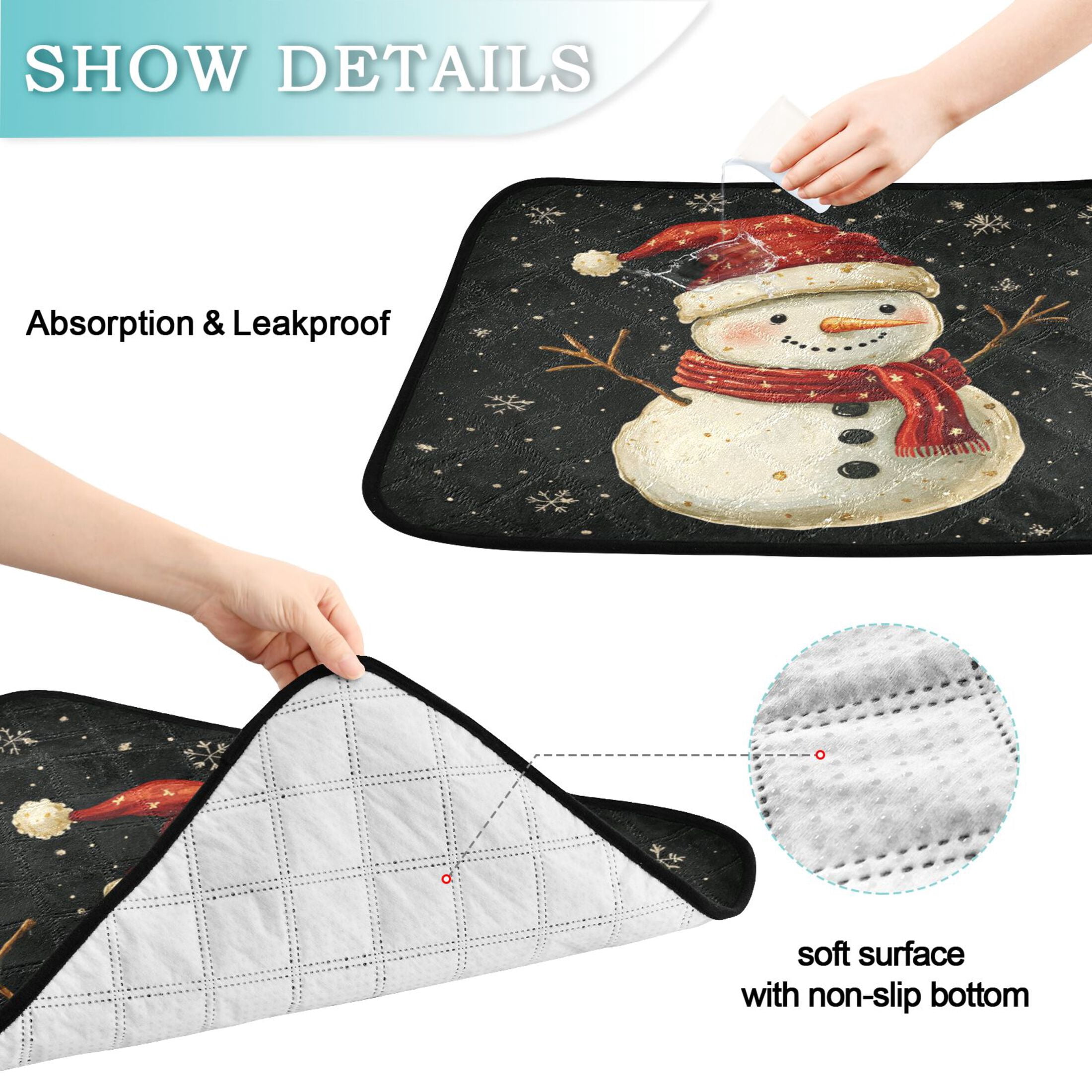 Qxltty Snowman Wearing Red Hat on Black Background Cat litter Pads Pet Set of 3 Diaper Mats Center Anti-leakage Layer Absorbent Soft and Comfortable