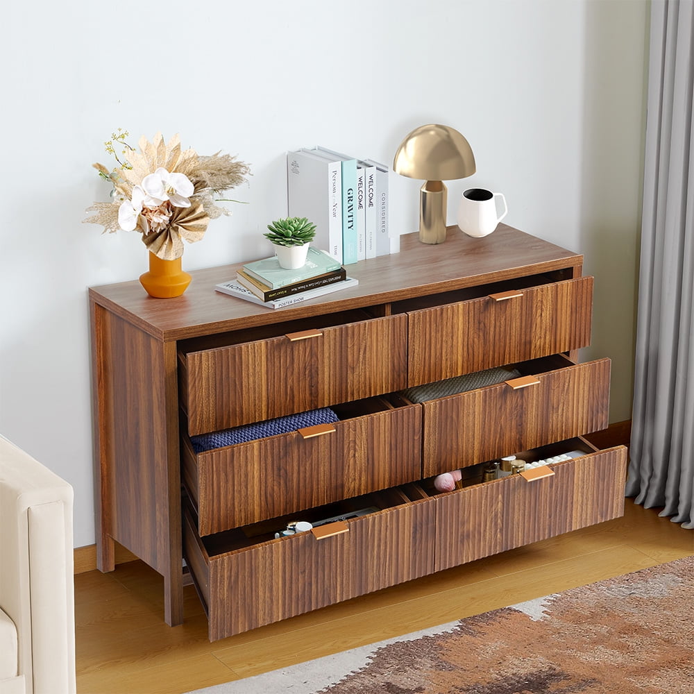 YOCWO Fluted 6 Drawer Dressers for Bedroom, 48" Wide Modern Chest of Drawer with 6 Big Drawers, Walnut