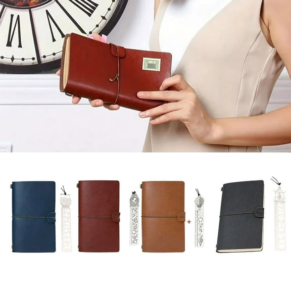 Travel Notebook A6 Portable Vintage Journal 180 Pages Kraft Paper | Metal Bookmark • Hollow Ruler • Front Pocket & Zipper Pouch • Elastic Closure • Refillable Planner