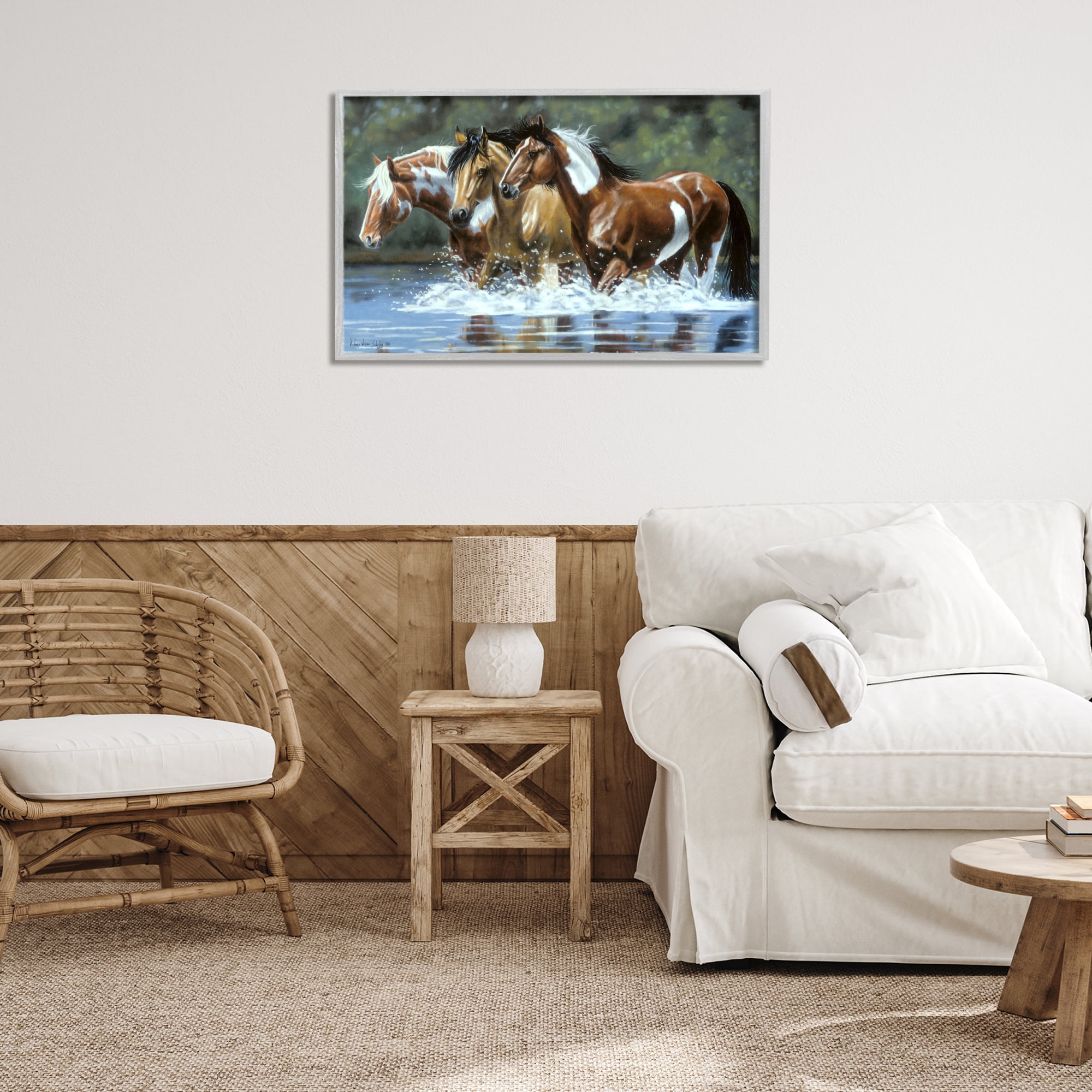 Stupell Industries Heading Upstream Horses Animals & Insects Painting Gray Framed Art Print Wall Art, 30 x 20