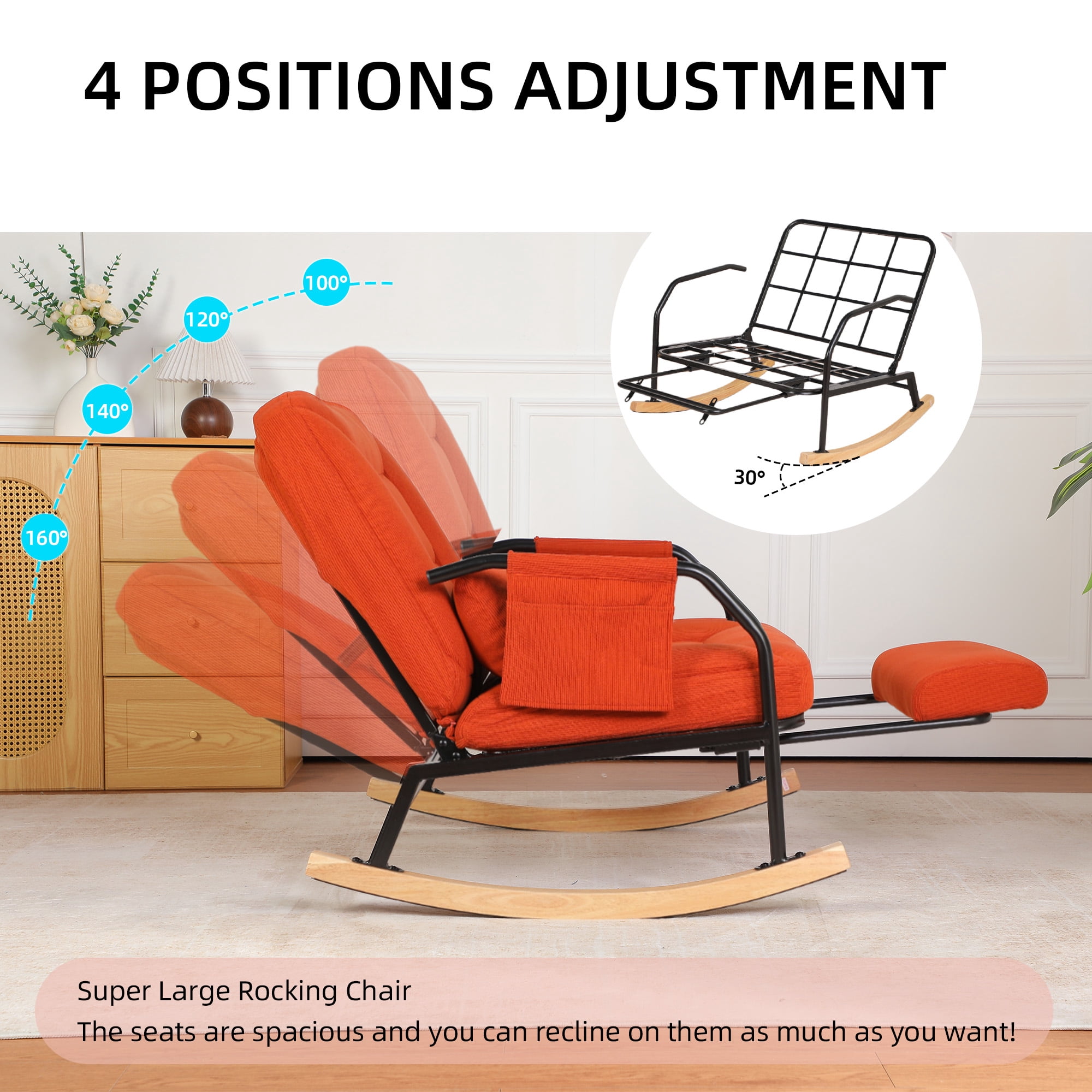 Hforesty Oversized Rocking Chair with Footrest ,Rocker Glider with Metal Farm,Wooden Bottom and Adjustable Backrest for Indoor Use: Balcony, Living Room or Bedroom.(corduroy)BROWN