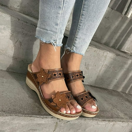 

ZKCCNUK Summer Plus Size Orthopedic Womens Sandals Fashion Thick Soled Women s Shoes Rhinestones Flowers Sandals Middle Heel Slippers Arch Support Sandals Women s on Clearance
