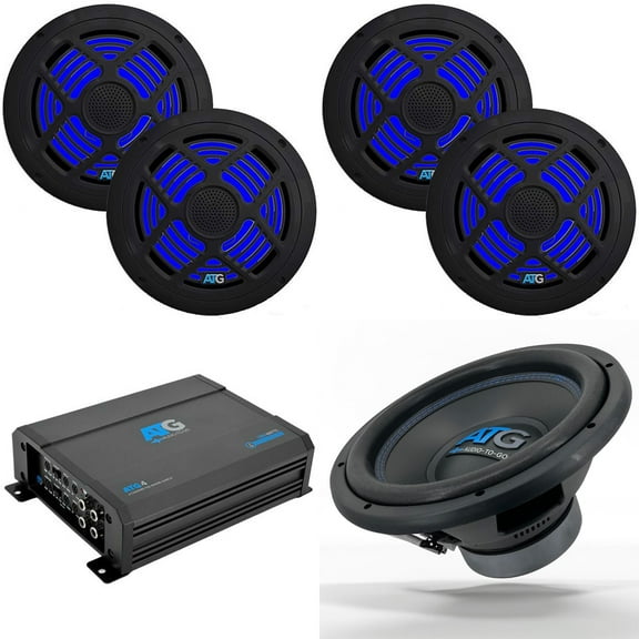 ATG Marine 4 Channel Amp & (4) RGB 6.5" Coaxials   12" Subwoofer Boat Audio Upgrade