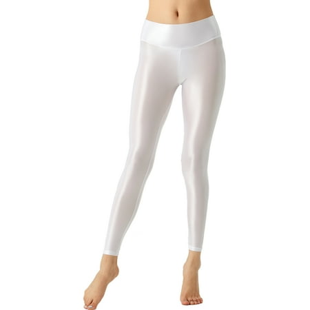 Mufeng Women s Glossy Opaque Pantyhose Shiny High Waist Tights Yoga Pants Training Sports Leggings White M