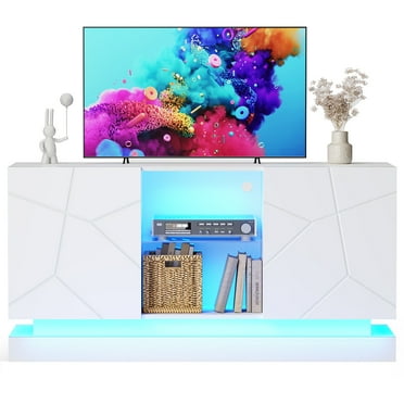 SEEDAY Led TV Stand for 75 Inch TV, Entertainment Center with Cabinet and Led Light, Modern High Gloss TV Stand Fits Up to 75 Inch TV for Living Room, Bedroom, Game Room, Christmas Gifts