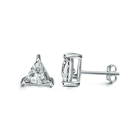 Gold Stud Triangle Top - Gold Plated Sterling Silver 3 Prong Triangle Shape Cubic Zirconia Stud Earrings