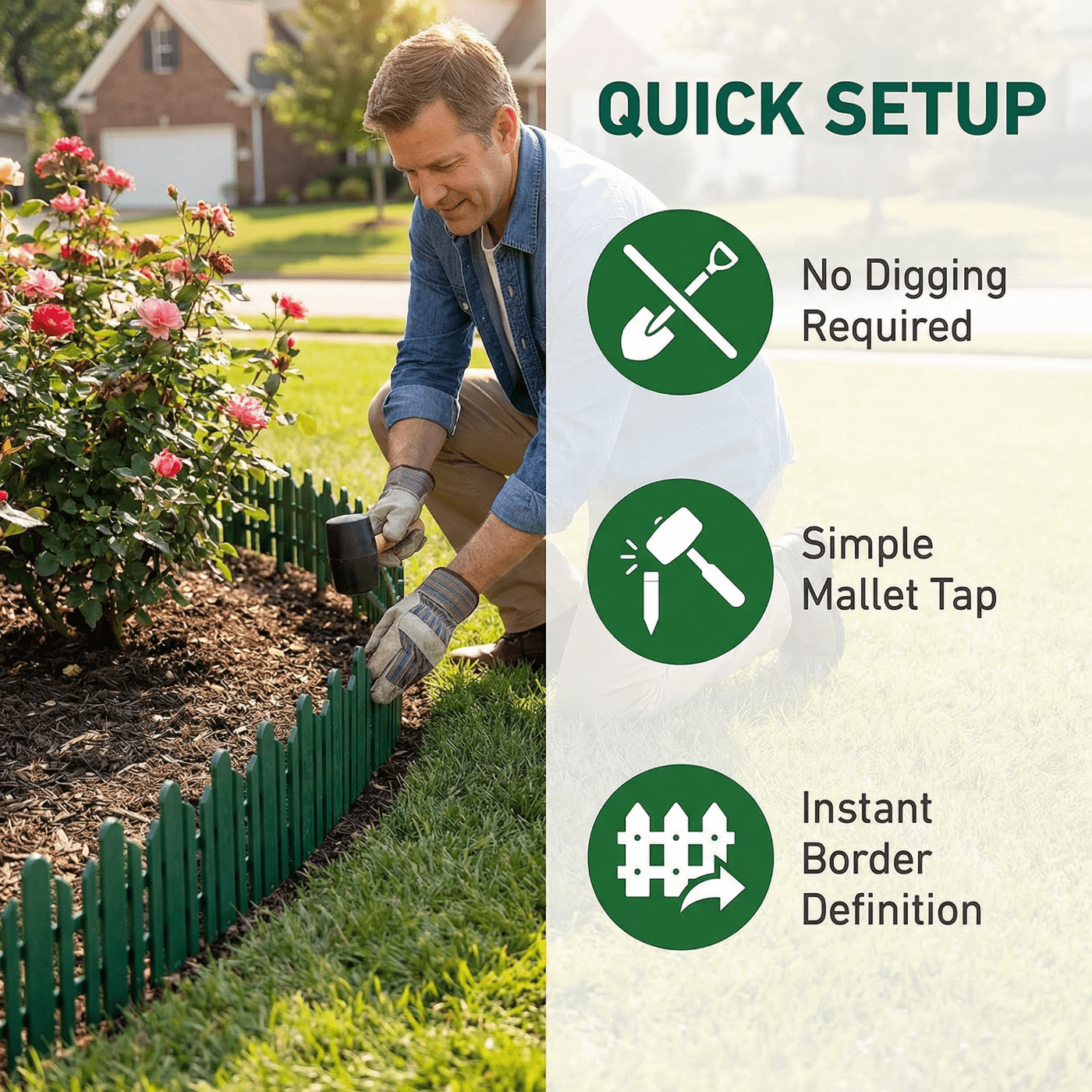 Bibana Garden Edging 12 Pack No Dig Border – Rust & Corrosion Resistant Recycled Plastic Flexible Fence for Lawn, Yard & Flower Beds, Dark Green