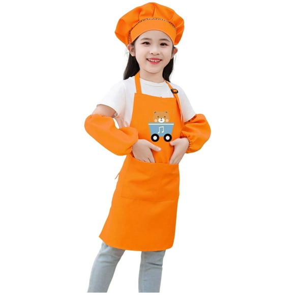 YOUSNH Kid Art Smock Solid Color Apron with Hat Sleeve for Children Printed Artist Painting Aprons Smocks with Long Sleeve Girls Tops Orange 3-6 Years