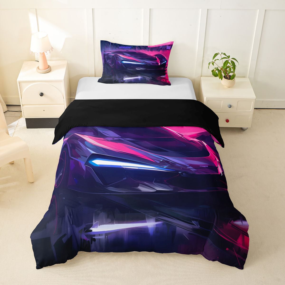 Castle Fairy Cyberpunk Style Futuristic Supercar Twin Bedding for Teens Neon Night Art Duvet Cover Set for Bedroom Magenta Purple Black Reversible 2pcs No Comforter