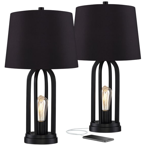 Possini Euro Design Marcel Industrial Table Lamps 24 1/4" High Set of 2 with USB Charging Port and Nightlight LED Black Drum Shade for Bedroom Bedside