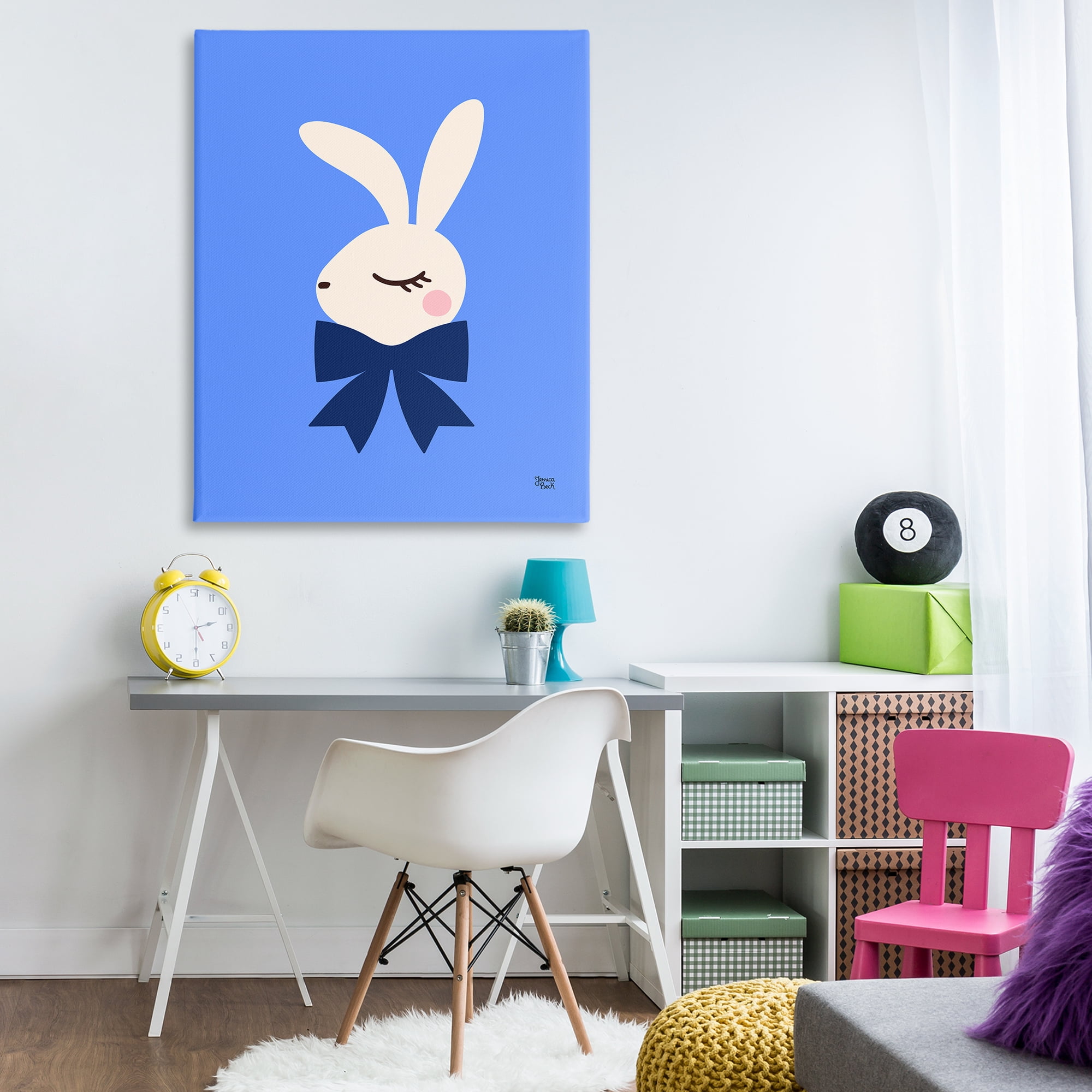 Stupell Industries Rabbit with Ribbon on Blue Animals Painting Wrapped Canvas Art Print Wall Art, 36 x 48