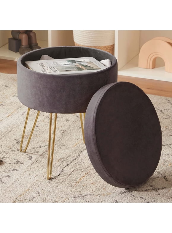 Duhome Round Storage Ottoman with Tray Velvet Vanity Makeup Stool Side Table End Table Footstool with Gold Metal Legs for Living Room, Gray