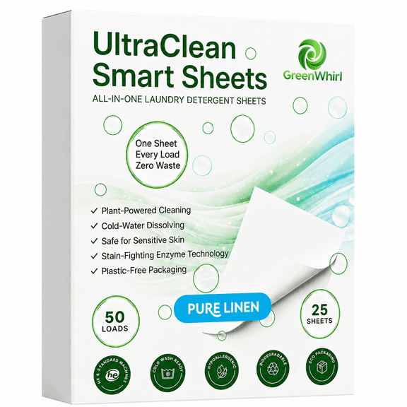 Greenwhirl Ultraclean Laundry Detergent Sheets – Eco-Friendly, Plant Based, Stain Fighting, Pure Linen Scent, 25 Sheets | 50 Loads