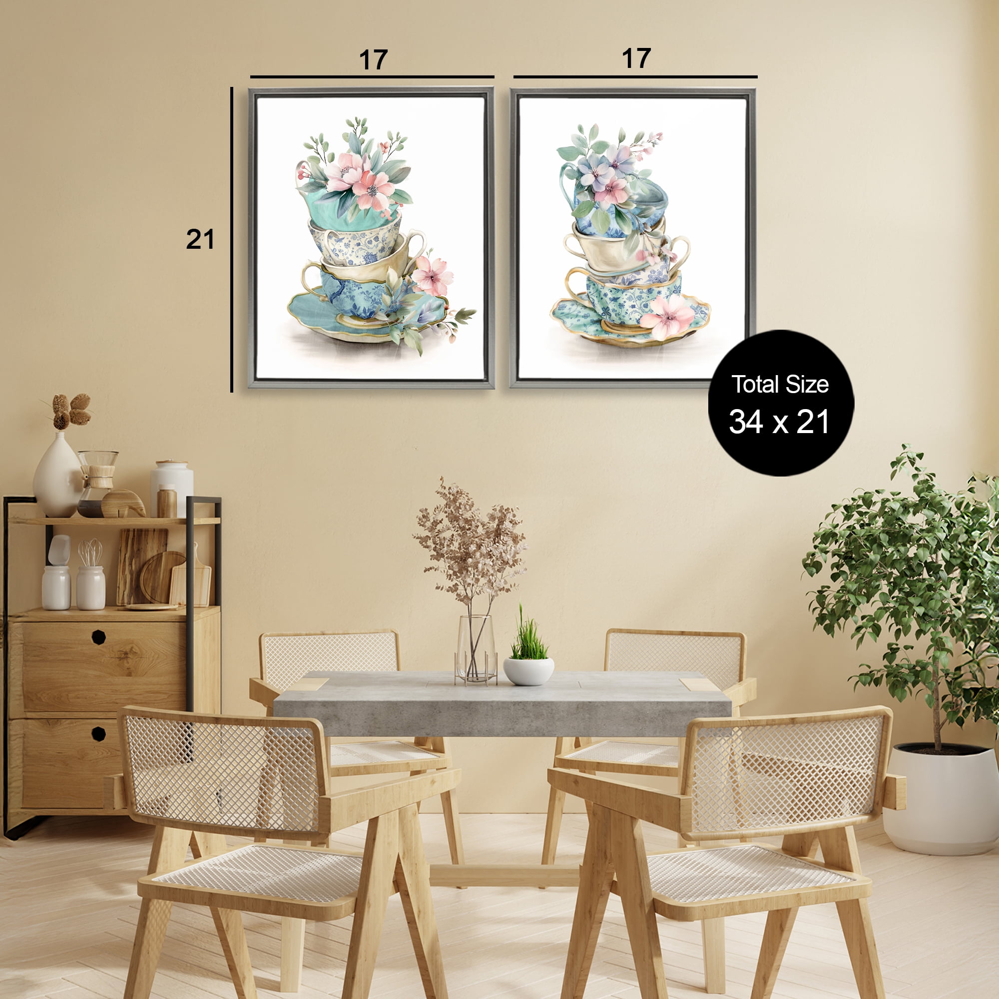 Stupell Industries Stacked Teacup Chinoiserie 2 Piece Gray Framed Floater Canvas Set, design by Kim Allen