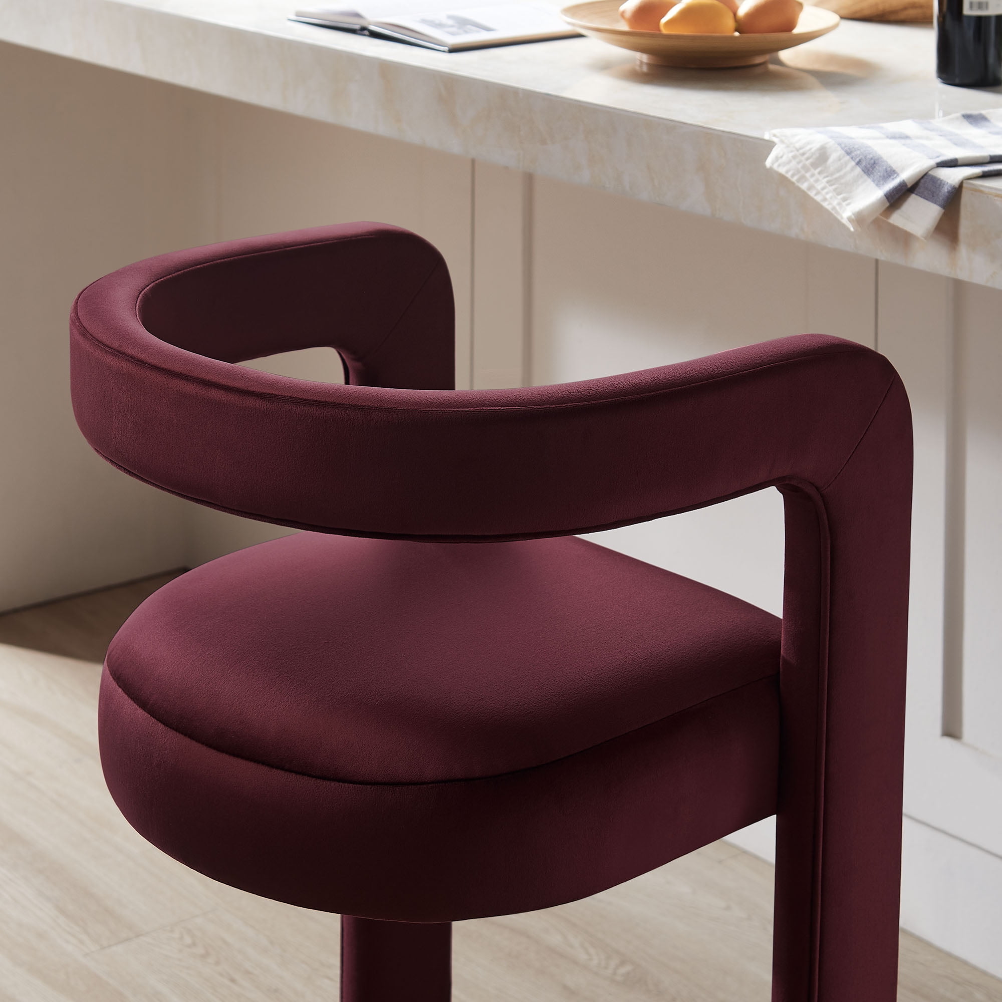 Modway Winslow 30.5"H Performance Velvet Barrel Back Bar Stool in Mulberry