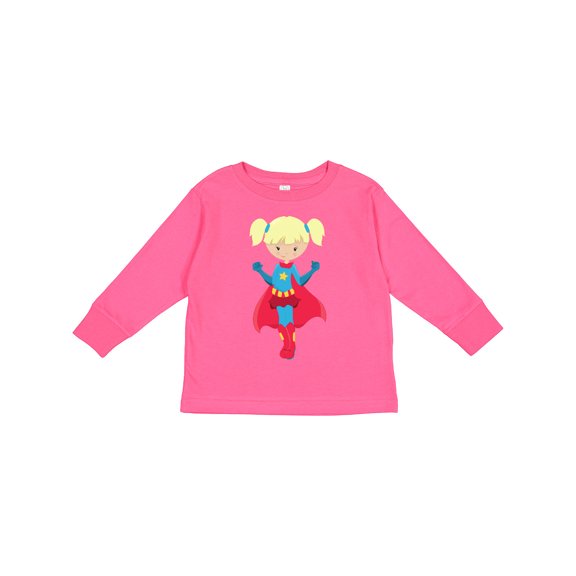 Inktastic Superhero Girl, Cute Girl, Blonde Hair, Red Cape Girls Long Sleeve Toddler T-Shirt