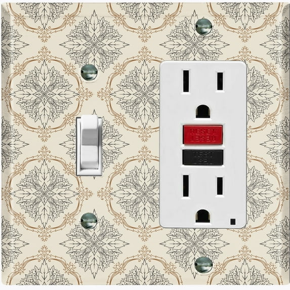 Metal Light Switch Plate Outlet Cover (Damask Ornament Tan Pattern - Single Toggle Single Rocker)