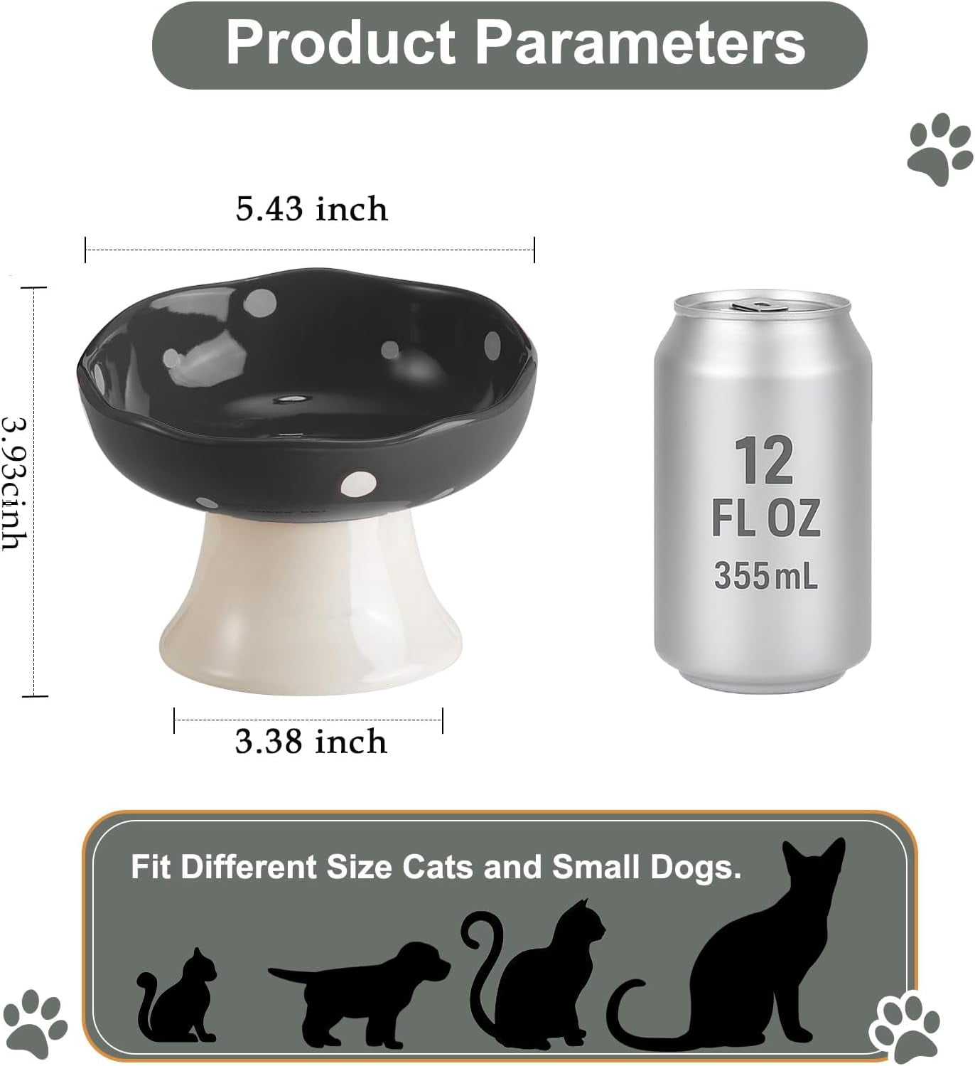 Ceramic Elevated Cat Bowls, Tilted Raised Pet Dish Anti Vomit Kitten Bowl for Indoor Cats, Whisker Friendly Pet Food and Water Bowl for Kitten, Cat, Puppies, Dishwasher Safe (Black)