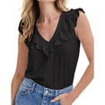 thumbnail image 2 of Top sin mangas con dobladillo con volantes para mujer, cuello en V, color puro, transpirable, moda de verano, camiseta sin mangas, negro S, 2 of 6