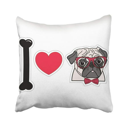 BPBOP Dog I Love Hipster Pug With Glasses And Tie Bow Lovers Pet Best Bone Bulldog Cartoon Pillowcase 18x18 inch