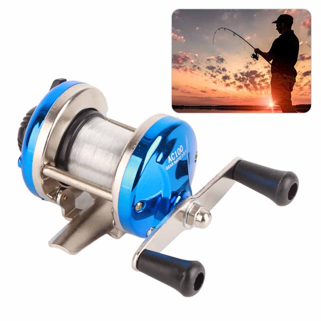 Blue Horizontal Drum Reel with Line for Ice Fishing, Fishing Gear