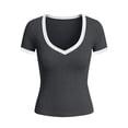 thumbnail image 5 of cocolona Womens Summer Short Sleeve Tops Fashion Casual Color Block V Neck Ribbed Slim T-shirts Soft Stretch Tees Blouses, 5 of 6