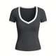 thumbnail image 5 of Camisas de Manga Corta para las Mujeres Blusas Casuales Cuello en V Color Sólido Plisado Primavera, 5 of 6