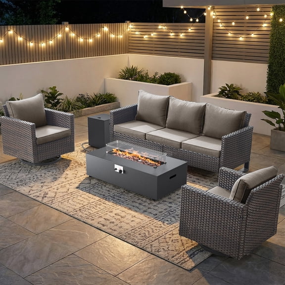 PARKWELL Outdoor Oversized Patio Furniture Set with Fire Pit Table, All-Weather Wicker Sectional Swivel Rocker Chairs Sets,Luxury Conversation Set for Porch, Balcony, Deck, Brown/Gray