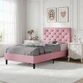 thumbnail image 3 of 4 EVER WINNER Twin Size Bed Frame with Button Tufted Headboard, Upholstered Platform Bedframe with Wood Slat Support, Box Spring Needed, Noise Free, Easy Assembly, Faux Leather & Pink, 3 of 8
